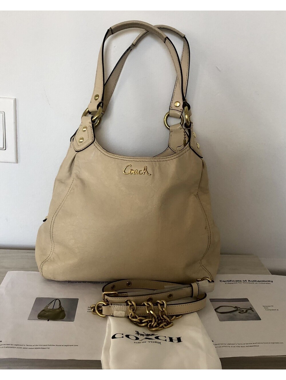 Vintage Coach  F21926 Ivory Cream Leather Hobo Bag Set Dust Bag w/New Strap COA